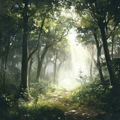 Obraz premium Misty forest in the early morning with sunlight streaming through the trees, illuminating the dewy ground.