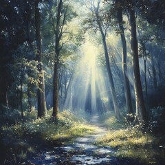 Fototapeta premium Misty forest in the early morning with sunlight streaming through the trees, illuminating the dewy ground.