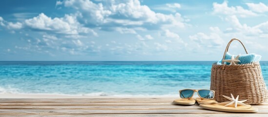 Summer vacation essentials on a wooden deck overlooking the ocean.