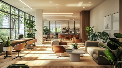 Modern coworking space with comfortable seating, plants, and minimalistic dcor for creative business minds.