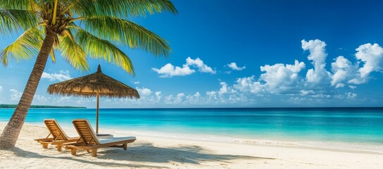 Two lounge chairs on white sand beach with a palm tree and turquoise water,  in the background is a blue sky and white fluffy clouds. © adri