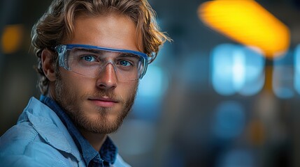 Fototapeta premium Young man wearing safety glasses poses confidently in a modern workspace, showcasing dedication to his profession