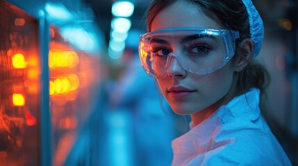 Fototapeta premium Young scientist in lab coat and goggles observes experiments under bright fluorescent lighting in a modern laboratory