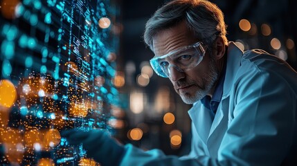 Scientist analyzing digital data on a glowing interface in a modern laboratory at night