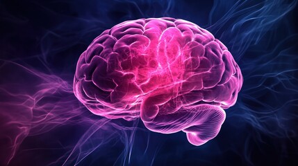 A vibrant, glowing depiction of a human brain against a dark background.