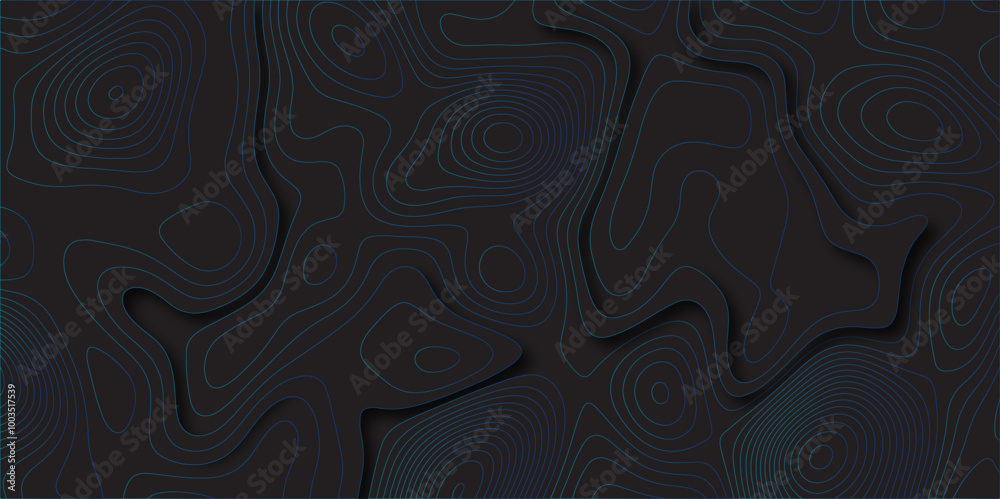 Poster Abstract black colorful gradient Topographic line map pattern background. Contour elevation topographic and textured Background Modern design with black background with topographic wavy Patte and dot	