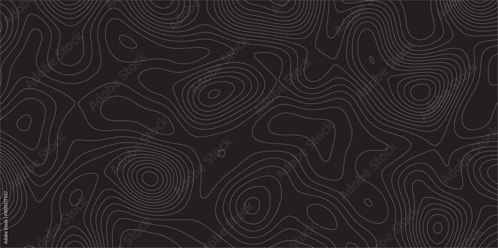 Poster Abstract white on black background Topographic line map pattern. Contour elevation topographic and textured Background Modern design with black background with topographic wavy patted.	