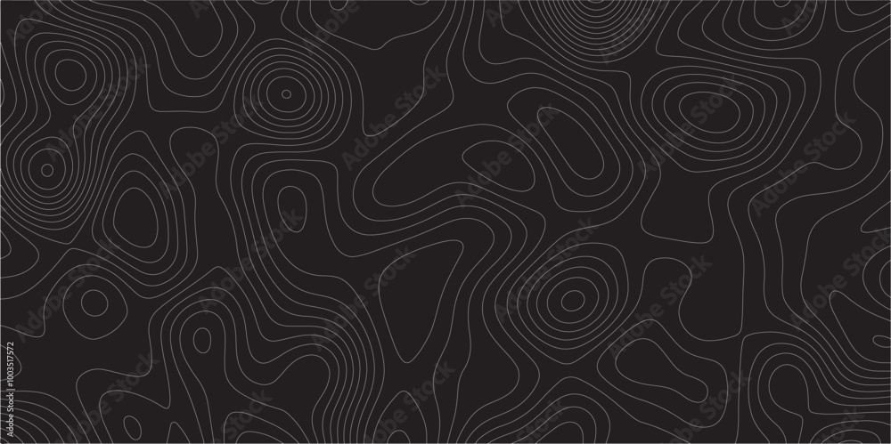 Poster Abstract white on black background Topographic line map pattern. Contour elevation topographic and textured Background Modern design with black background with topographic wavy patted.	