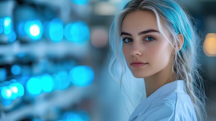 Obraz premium Young woman with light blue hair in a lab coat stands confidently beside illuminated storage units in a modern laboratory