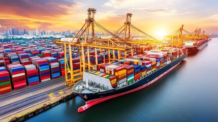 Naklejka premium Large cargo ship docked at a port with cranes and containers, symbolizing a port strike, highlighting the scale of the port and the absence of activity.