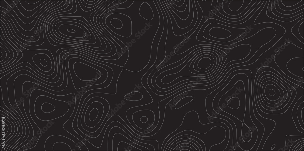 Poster Abstract white on black background Topographic line map pattern. Contour elevation topographic and textured Background Modern design with black background with topographic wavy patted.	