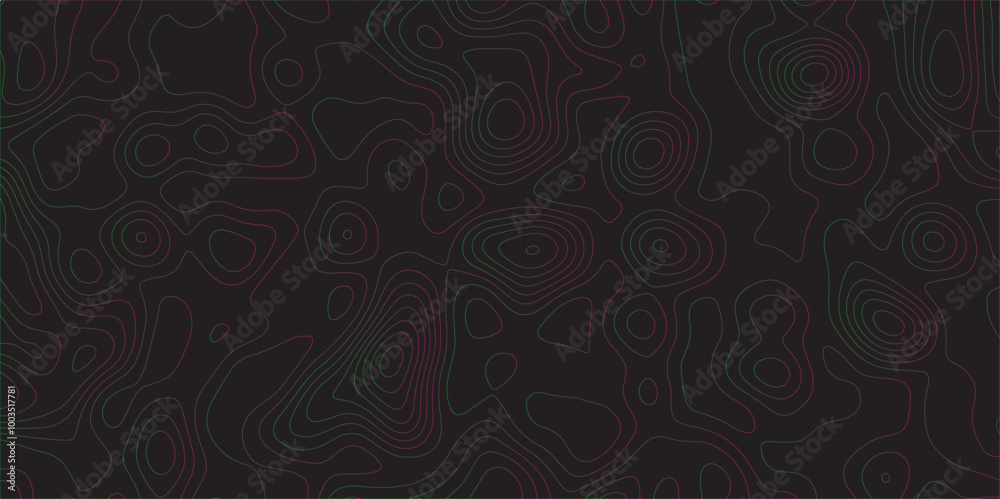 Poster Abstract black colorful gradient Topographic line map pattern background. Contour elevation topographic and textured Background Modern design with black background with topographic wavy Patte and dot	