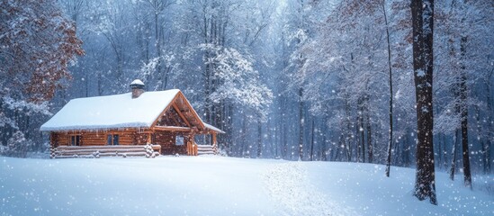 A cozy wooden cabin nestled in a snow-covered forest, with soft falling snow creating a magical winter wonderland.