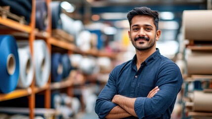 Smiling man in a warehouse, confidently posing among rolls of fabric and supplies.