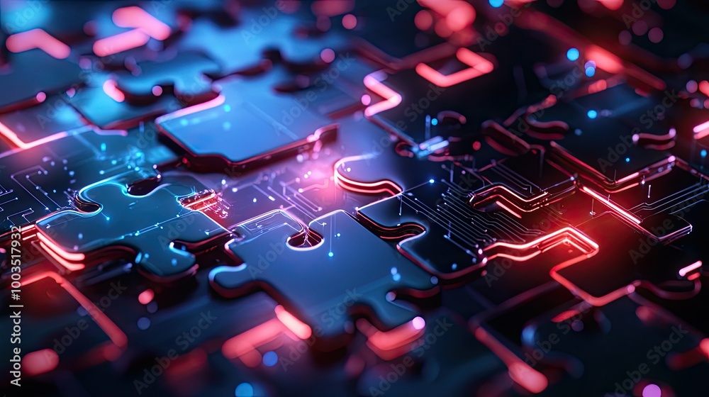 Poster neon puzzle pieces interlocking in a futuristic tech background, symbolizing api integration and sys