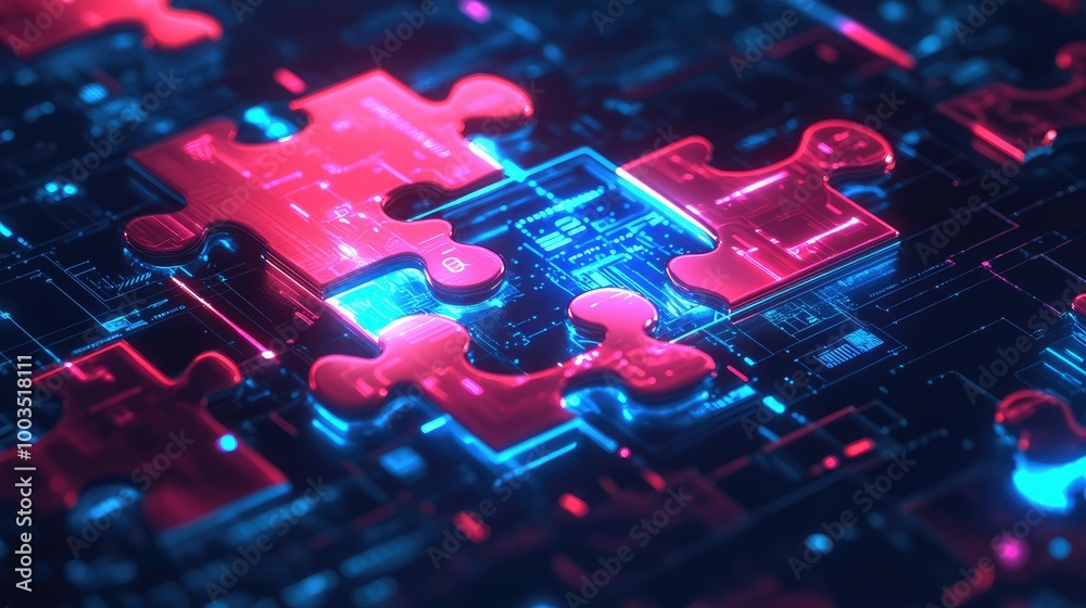 Poster neon puzzle pieces interlocking on a tech-centric digital background, symbolizing api integration in