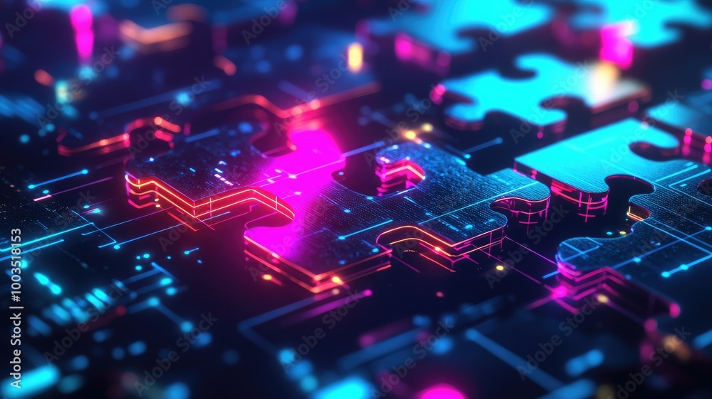 Poster neon puzzle pieces interlocking on a tech-centric digital background, symbolizing api integration in
