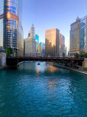 Downtown Chicago River with Bridge, City, Skyline