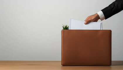 Businessman placing documents into a brown leather folder on a desk.