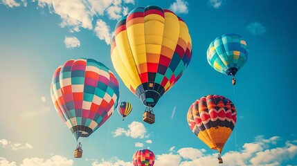 Fototapeta premium Scene of hot air balloons against a backdrop of a clear blue sky and fluffy white clouds colorful and diverse, each unique in its design, capturing a sense of adventure and freedom.