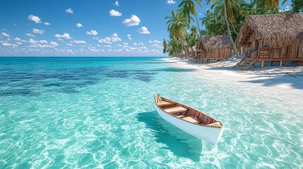 A serene tropical beach with clear turquoise water, lush palms, and a small boat inviting relaxation and adventure.