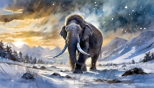 mammoth trudging through an icy, desolate landscape, covered in layers of snow under a faintly glowing sky. The cold atmosphere is palpable in the icy textures and the mammoth's fur