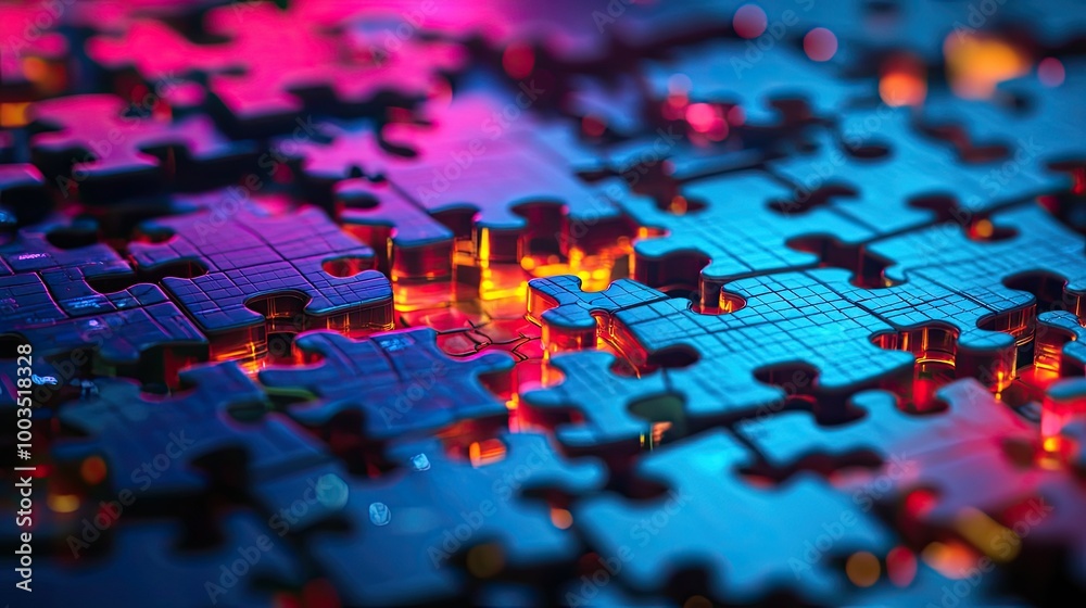 Poster neon puzzle pieces merging into a complex system, illustrating api integration in a high-tech enviro