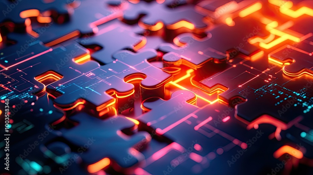 Poster neon puzzle pieces merging into a complex system, illustrating api integration in a high-tech enviro