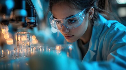 A scientist in a laboratory carefully examines test tubes under bright lights during an experimental procedure at night