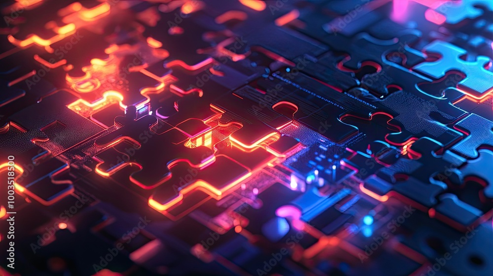 Poster neon puzzle pieces on a glowing digital interface, symbolizing api integration and interconnected sy