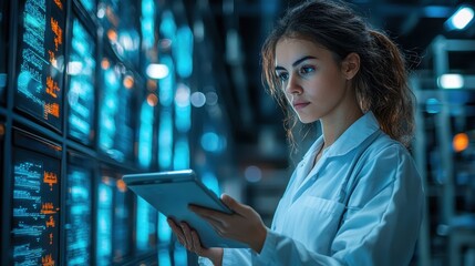 Young scientist analyzing data on a tablet in a high-tech lab filled with bright screens showcasing complex information