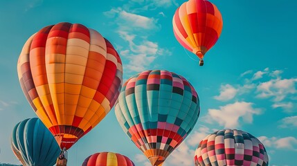 Fototapeta premium Breathtaking view of colorful hot air balloons gracefully ascending against a clear blue sky adorned with fluffy clouds.