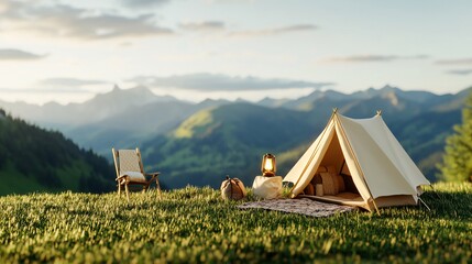 Scenic camping setup in nature, featuring a tent, chair, and mountains, perfect for outdoor relaxation and adventure.