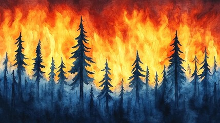 Forest fire illustrated with vibrant flames and dark silhouettes of trees against a dramatic background.
