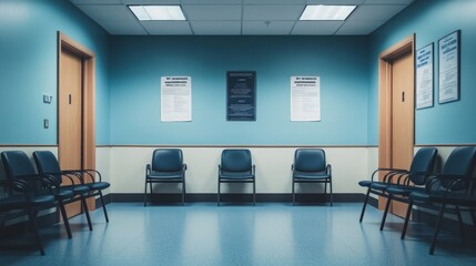 Fototapeta premium A waiting area in a healthcare facility with empty chairs and informational posters.