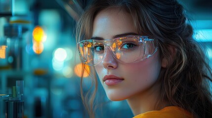 Young woman wearing safety goggles in a laboratory setting, focused on scientific experiments during twilight hours