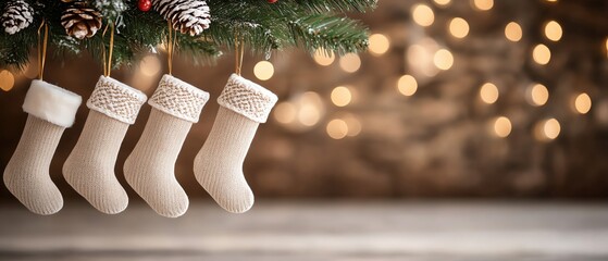 Stockings hanging in a winter wonderland Christmas backdrop, ready for the holiday season