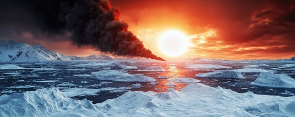 Naklejka premium Stunning sunset over icy landscape, smoke rising against vibrant sky, nature's contrast and beauty captured.
