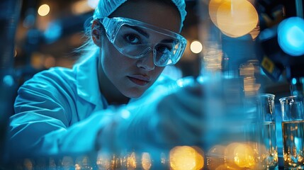 Female scientist conducting experiments in a laboratory with glassware during evening hours