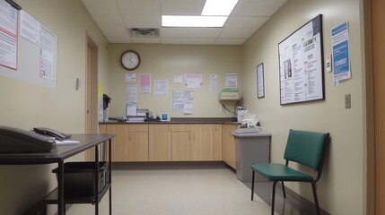 A waiting area in a medical facility with a desk, chair, and informational posters.