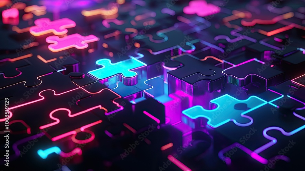 Poster neon-colored puzzle pieces assembling on a glowing platform, representing efficient api integration 
