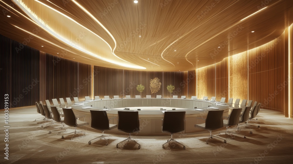 Wall mural Modern conference room with wood paneling, curved ceiling, and a large round table.