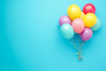 Colorful balloons on blue background with copy space.