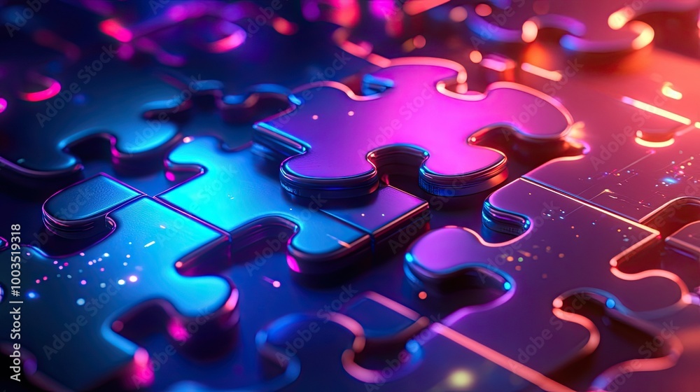 Fototapete neon-colored puzzle pieces merging on a glowing digital display, representing smooth api integration