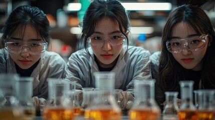 Three scientists in protective gear observe chemical reactions in a laboratory with various glass vessels filled with colorful liquids