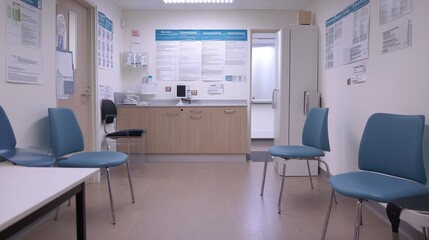 A waiting area in a medical facility with chairs and informational posters on the walls.