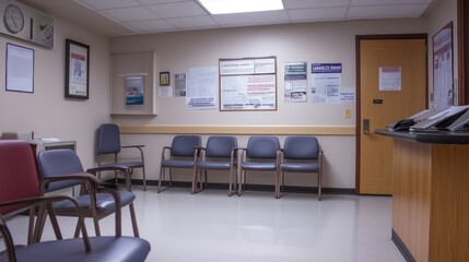 A waiting area in a medical facility with chairs and informational posters on the walls.