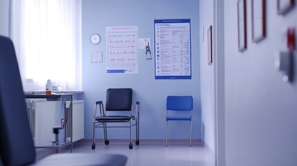 A waiting area in a medical facility with chairs and informational posters on the walls.