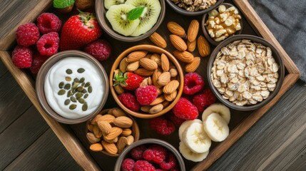 Fototapeta premium A protein-rich snack platter featuring Greek yogurt, nuts, seeds, and fresh fruits on a wooden