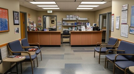 A waiting area in a medical facility with seating and a reception desk.